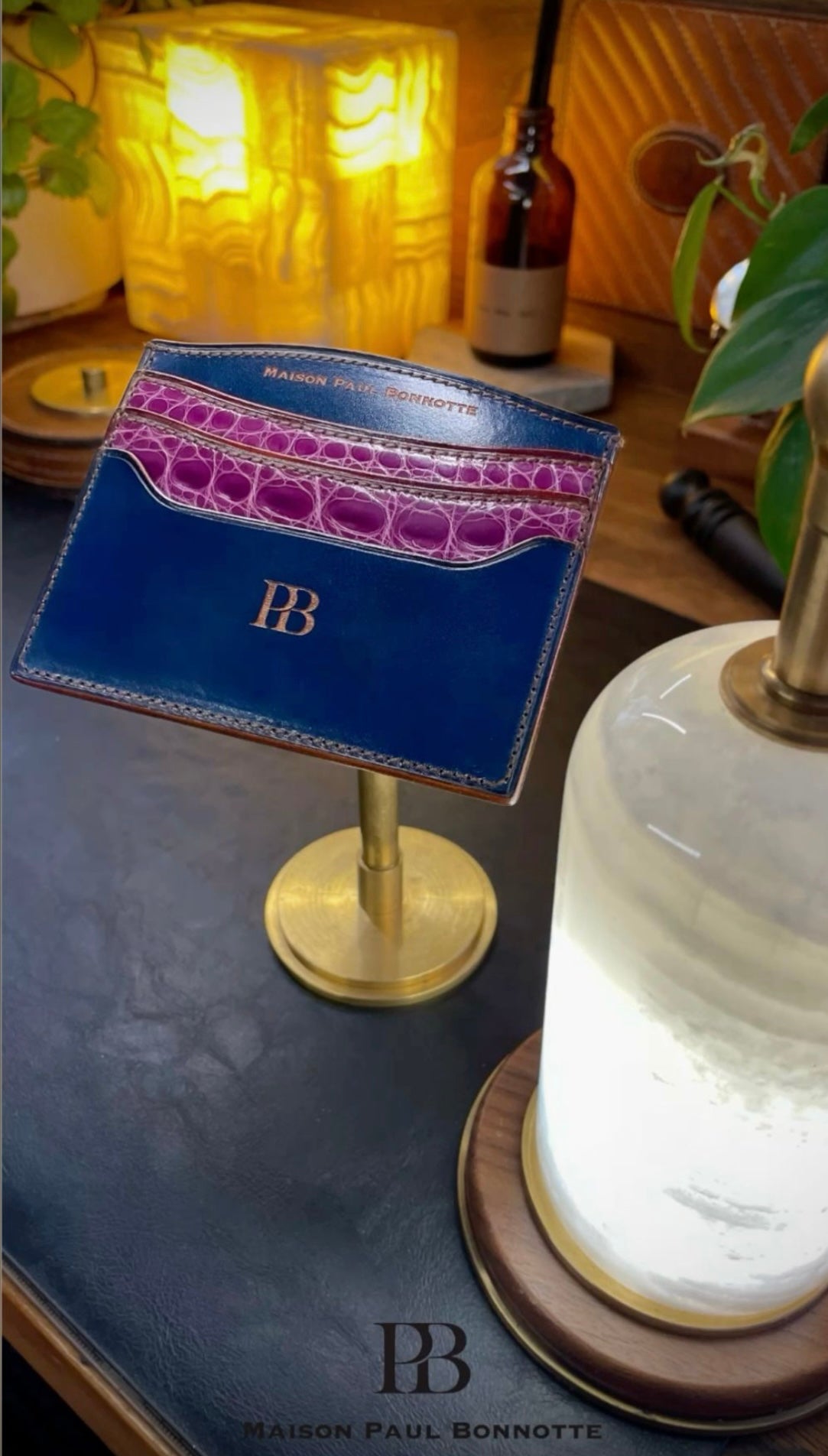 Midnight Blue Card Holder with Violet Alligator Inlay